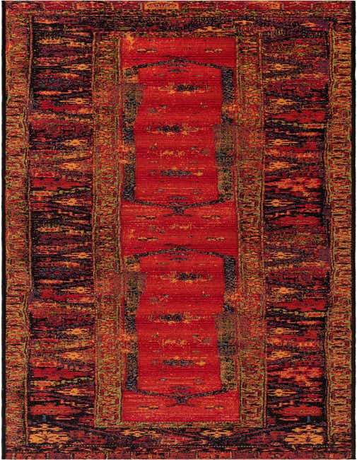 A vibrant 11 ft runner rug with a multi-colored Oriental and Southwestern tribal pattern, featuring a dominant red center and dark borders, ideal for a hallway or patio.