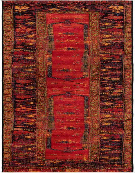 A vibrant 12 ft multi-colored runner rug with a distressed tribal pattern, featuring a central red stripe and black, orange, and green accents, suitable for hallways or patios.