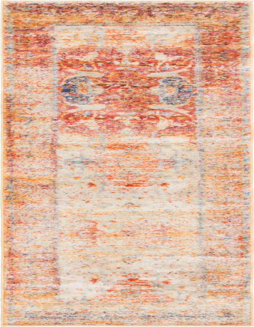 A 6 ft multi-colored runner rug with a distressed medallion pattern, featuring shades of orange, red, and blue on a cream background, ideal for a hallway or kitchen.
