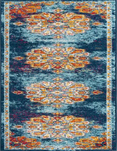 A 12 ft runner rug from the Parker collection, featuring a multi-colored traditional medallion pattern in blues, oranges, and reds.