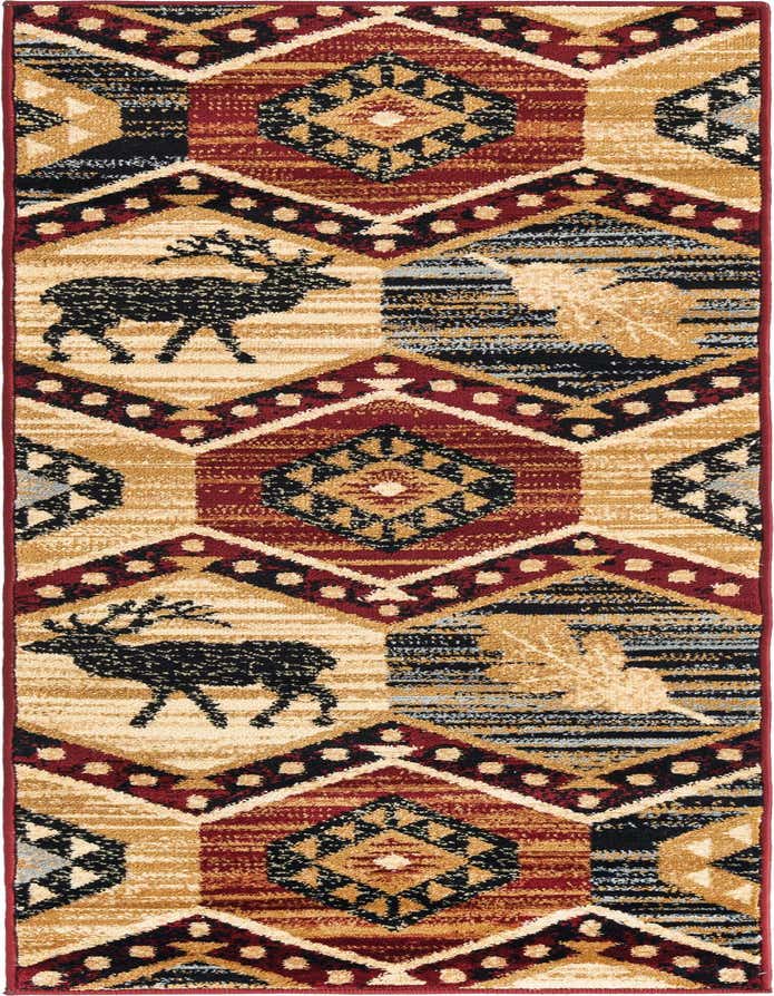 A 6 ft multi-colored runner rug with tribal and rustic patterns, featuring deer and leaf motifs, ideal for a kitchen or hallway.
