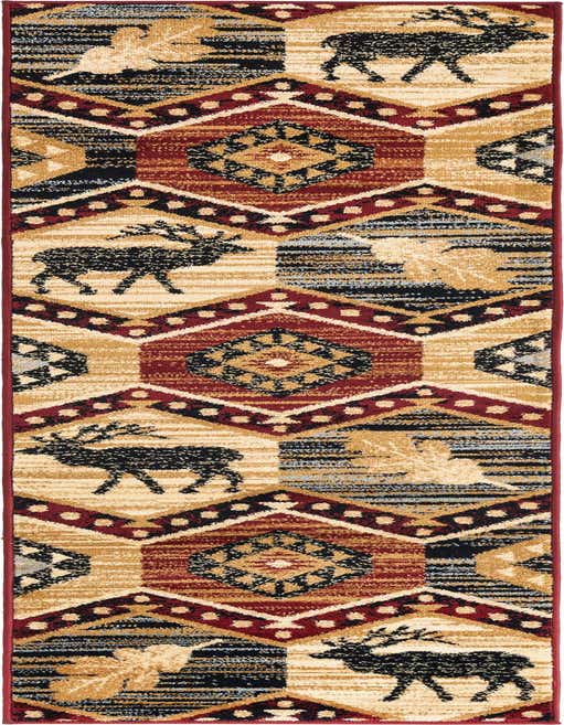 A multi-colored 8 ft runner rug with a rustic tribal pattern featuring deer, leaves, and geometric shapes in red, black, and beige.