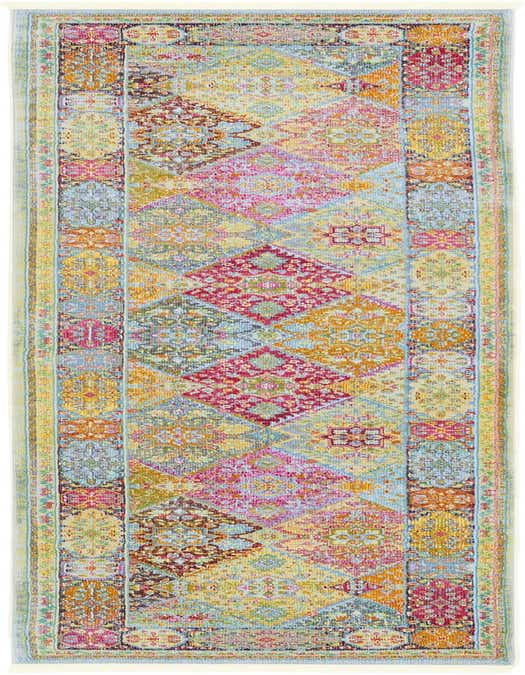 A 10 ft multi-colored runner rug with a Bohemian and Traditional patchwork design, featuring floral and geometric patterns in pink, blue, yellow, and orange hues.