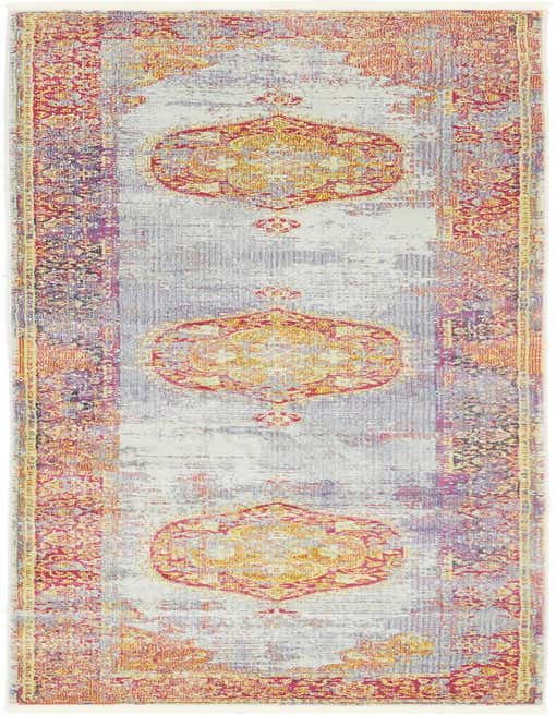 A 10 ft multi-colored runner rug with a distressed medallion pattern in shades of red, orange, yellow, and purple on a light grey background, ideal for a hallway.