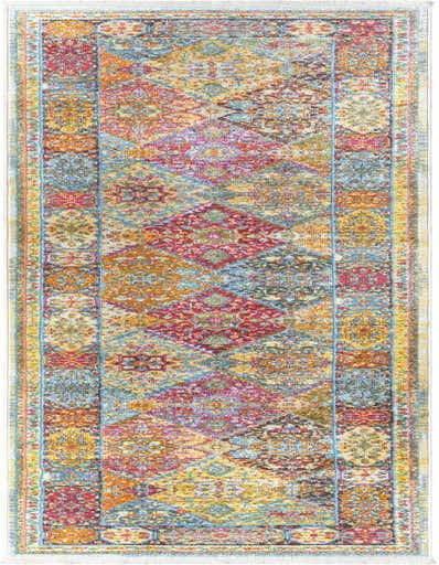 A vibrant 13 ft multi-colored runner rug with a traditional bohemian pattern, featuring various floral and geometric motifs in shades of red, blue, orange, and yellow.