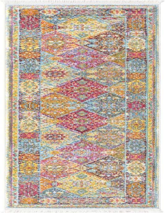 A vibrant 8 ft runner rug with a multi-colored traditional and bohemian pattern, featuring shades of red, blue, yellow, and orange.