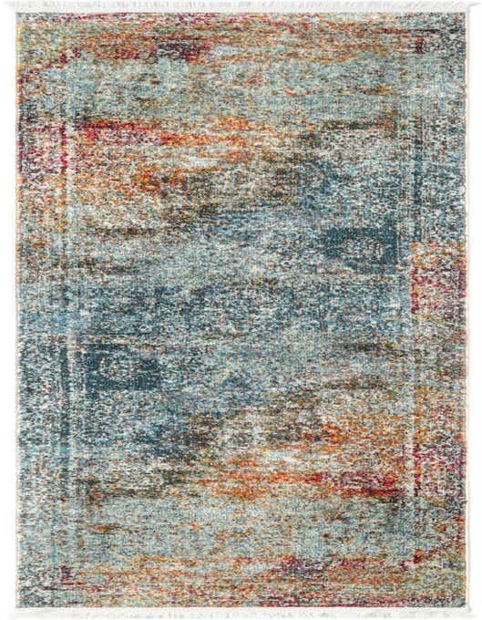 A multi-colored 8 ft runner rug with an abstract, distressed pattern in shades of blue, orange, and red, suitable for a hallway or kitchen.
