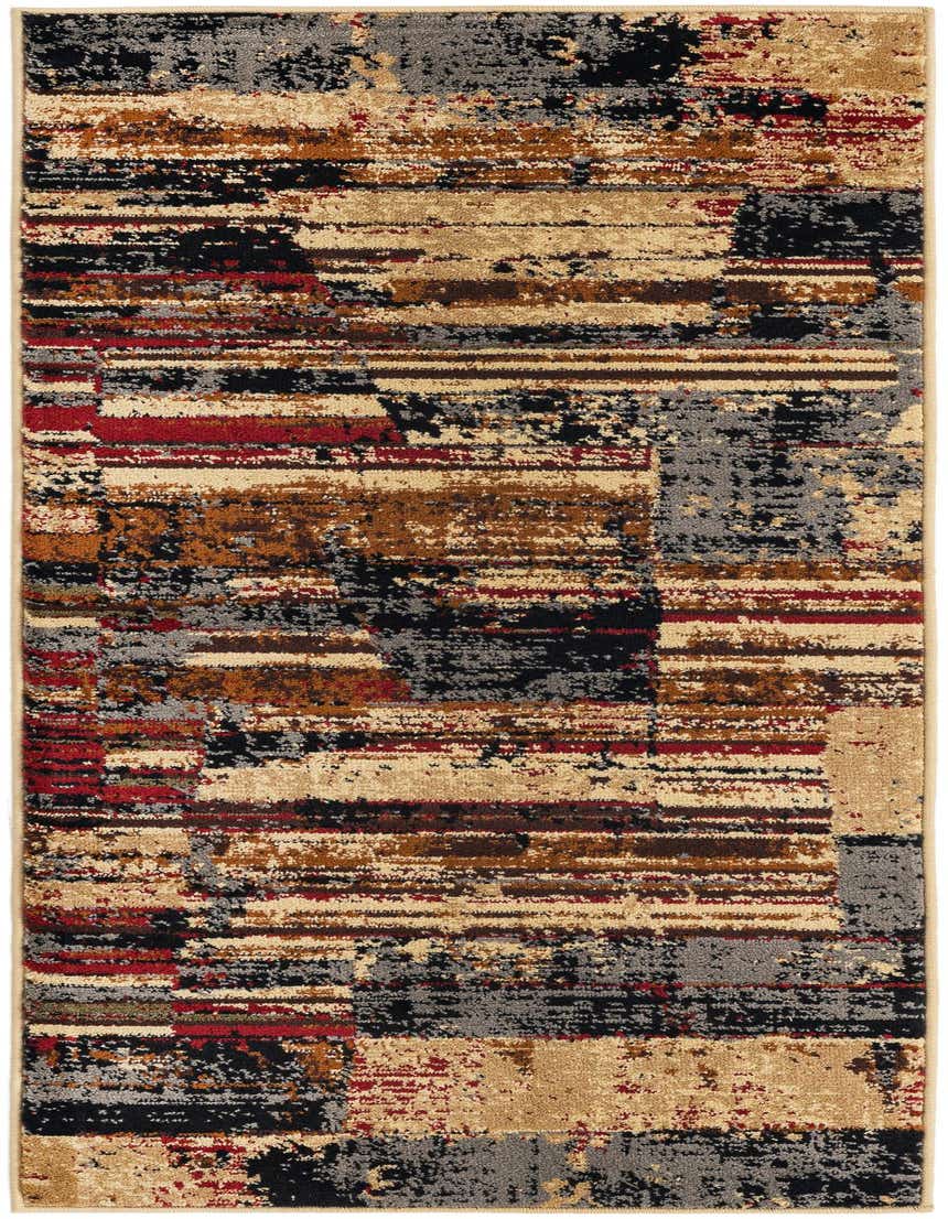 A 5 ft multi-colored runner rug with a modern abstract stripe pattern in beige, black, red, and grey.