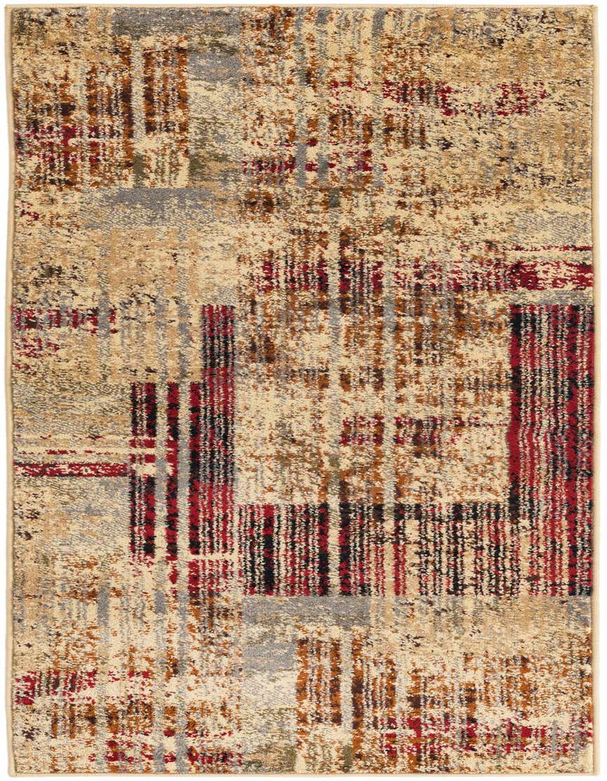 A 5 ft runner rug with a modern abstract pattern in multi-colored hues of beige, red, black, and grey, ideal for a hallway.
