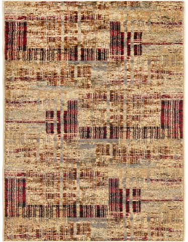 A 12 ft runner rug featuring a modern abstract design with distressed multi-colored patterns in red, black, brown, and gray on a beige background.