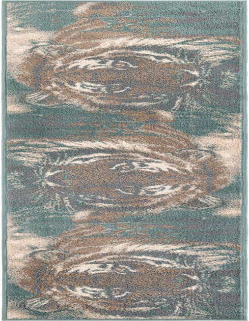 A multi-colored modern runner rug with abstract teal, brown, and cream patterns, ideal for a hallway or kitchen.