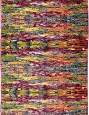 A 20 ft multi-colored runner rug with an abstract, eclectic pattern in shades of orange, green, blue, and purple.