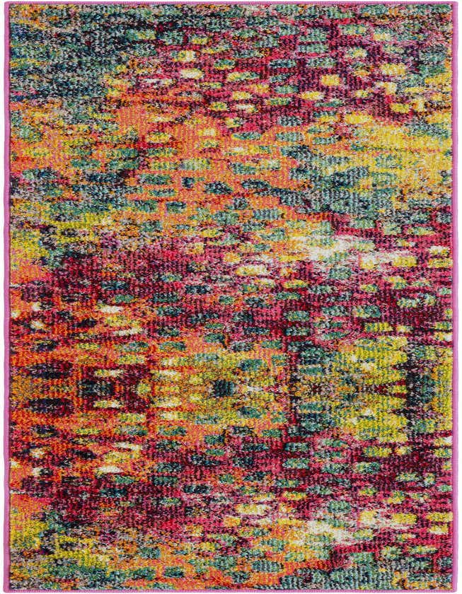 A vibrant 6 ft runner rug with an abstract, multi-colored pattern in shades of pink, orange, yellow, and teal, ideal for a hallway.