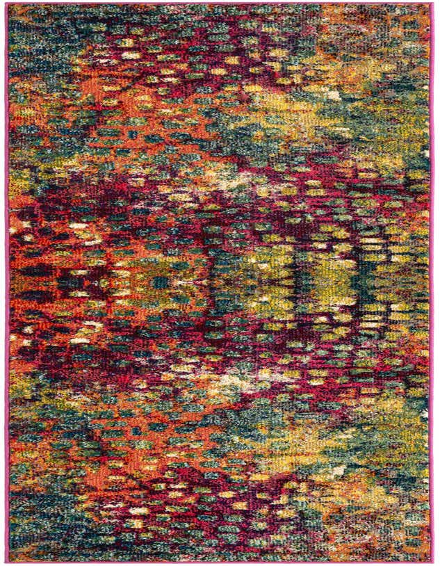 A vibrant 8 ft runner rug featuring an abstract, multi-colored pattern with shades of orange, yellow, green, and deep red, ideal for a hallway or kitchen.