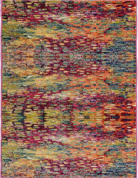 A 12 ft multi-colored abstract runner rug with an eclectic modern pattern, ideal for a hallway.