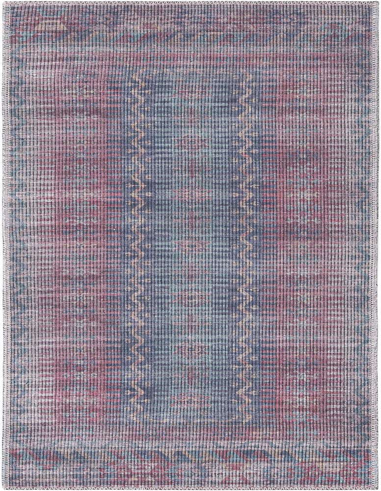 A 5 ft runner rug with a multi-colored traditional tribal pattern in shades of blue, red, and cream, suitable for a hallway.