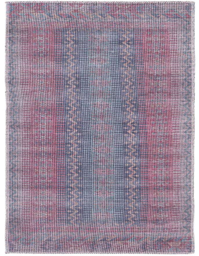 A 6 ft multi-colored runner rug with a faded traditional tribal pattern in shades of blue, pink, and red, ideal for a hallway.