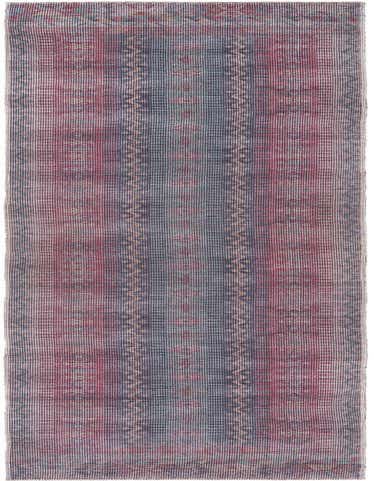 A 14 ft multi-colored runner rug with a faded traditional tribal pattern, featuring a central blue-grey stripe flanked by red and pink hues, ideal for a hallway.