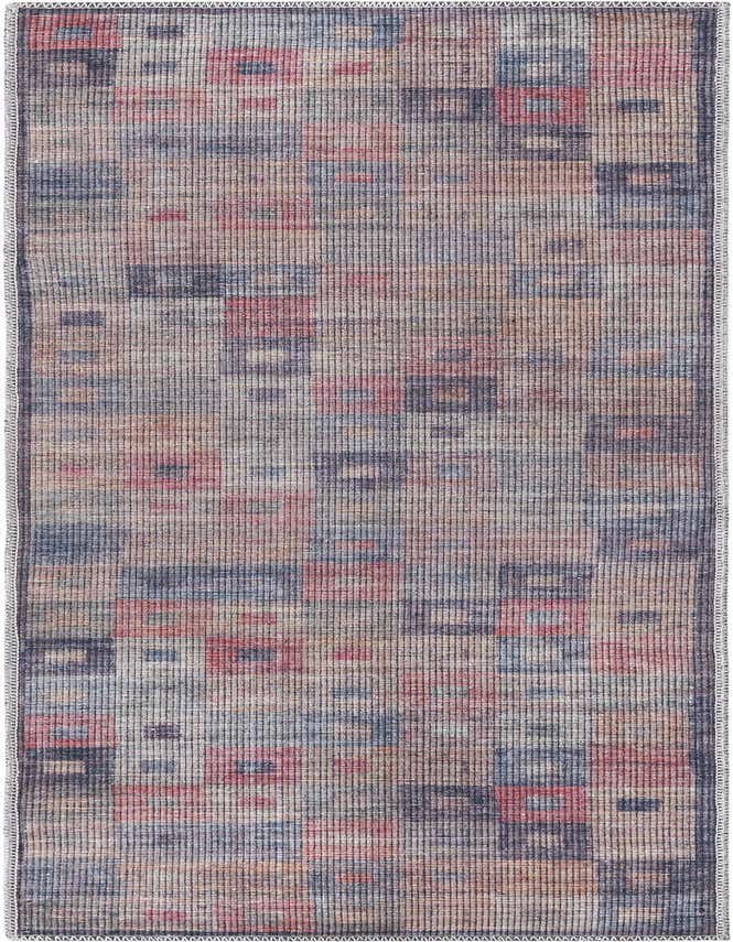 A 6 ft runner rug featuring a multi-colored abstract pattern with distressed red, blue, and beige squares, ideal for a hallway.
