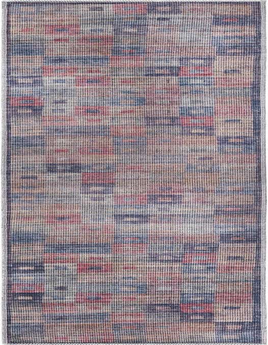 A multi-colored 8 ft runner rug with a modern abstract pattern in shades of blue, red, and beige, ideal for a hallway.