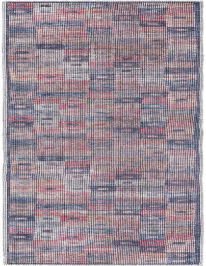 A 10 ft multi-colored runner rug with a modern vintage geometric pattern, featuring faded blues, reds, and neutrals, ideal for a hallway or patio.