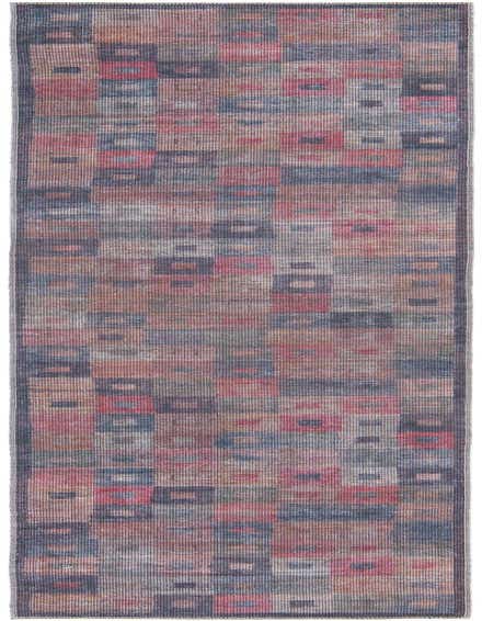 A 12 ft runner rug with a multi-colored abstract pattern in shades of red, blue, and brown, ideal for a hallway.