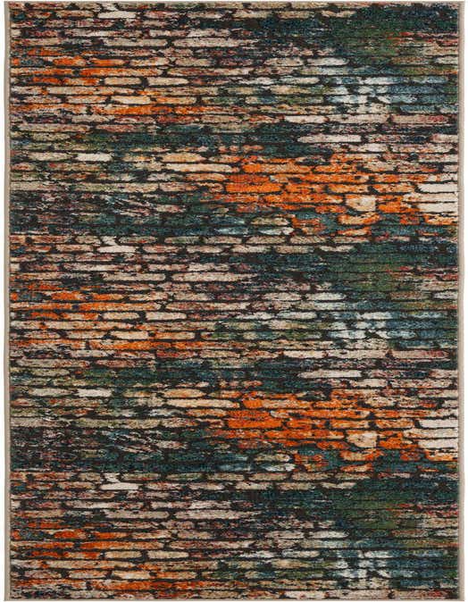 A 10 ft runner rug featuring a multi-colored distressed brick pattern with shades of orange, green, blue, and beige, ideal for a hallway.