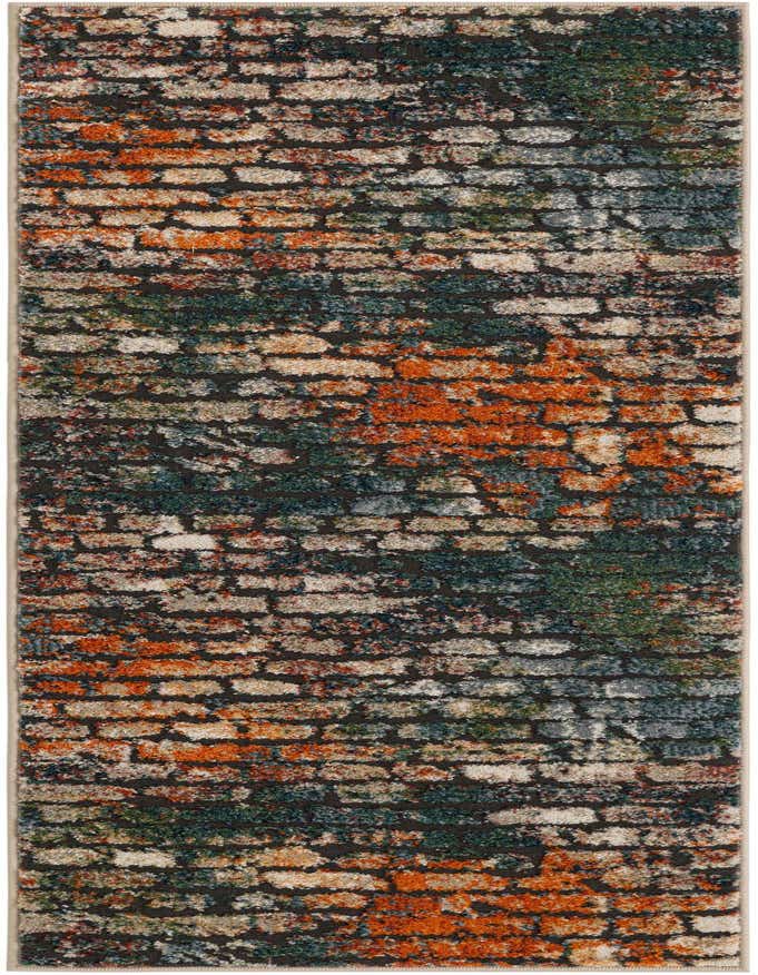 A 6 ft multi-colored runner rug featuring an abstract brick-like pattern in shades of orange, green, blue, and cream on a dark background, ideal for a hallway.