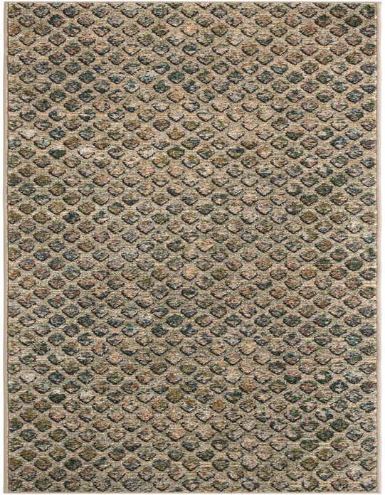 A 10 ft multi-colored runner rug with a textured, repeating leaf-like pattern in shades of green, blue, and brown on a beige background.