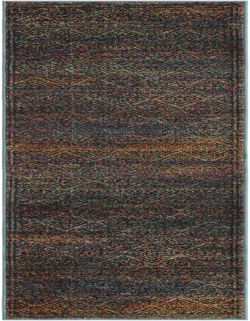 A multi-colored 8 ft runner rug featuring a textured, abstract geometric pattern in shades of blue, orange, red, and brown, ideal for a hallway.