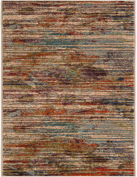 A 10 ft multi-colored runner rug with an abstract, textured stripe pattern in shades of orange, blue, green, and beige, ideal for a hallway.