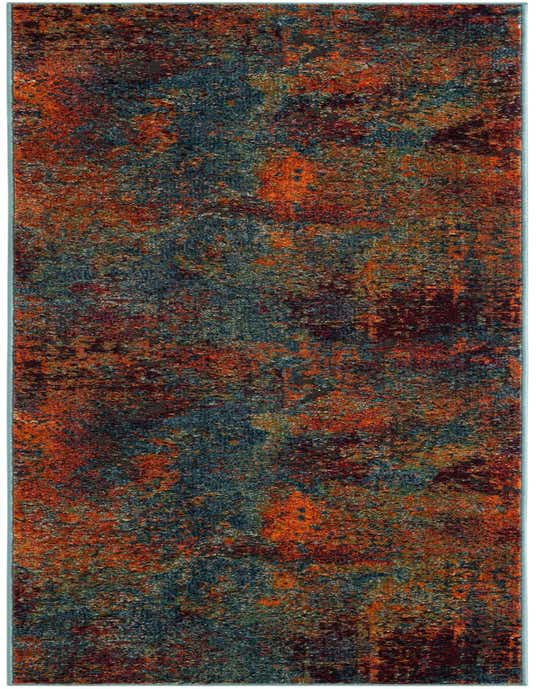A 10 ft multi-colored runner rug with an abstract, distressed pattern in shades of orange, blue, and brown, ideal for a hallway.