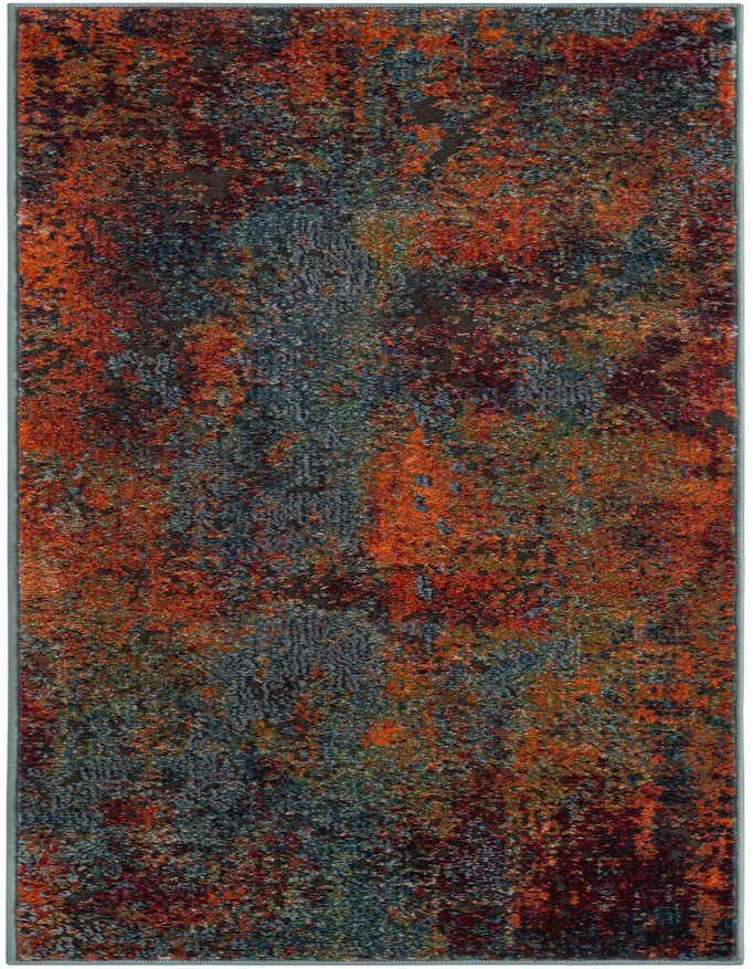 A 6 ft multi-colored runner rug with an abstract, mottled pattern in shades of orange, blue, and dark red.