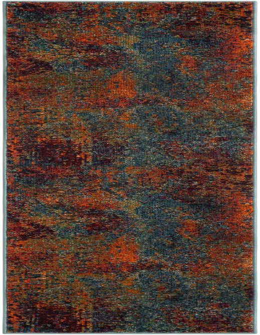 A vibrant 8 ft runner rug with an abstract, multi-colored pattern in shades of orange, teal, and deep red, ideal for a hallway.
