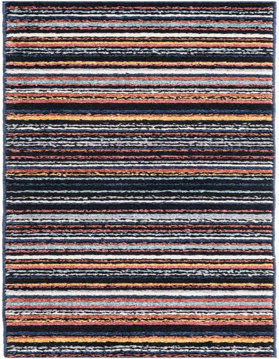A vibrant 8 ft runner rug with thick, textured horizontal stripes in black, blue, white, orange, and pink, perfect for a hallway.
