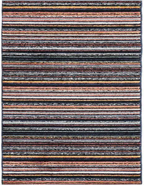 A 12 ft runner rug with a modern stripe pattern in multi-colors including black, white, blue, orange, and pink, ideal for a hallway.