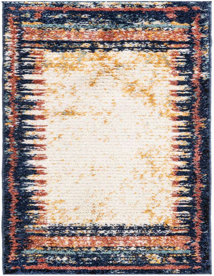 A 6 ft runner rug with a multi-colored modern abstract pattern, featuring a cream center bordered by navy, orange, and yellow hues, ideal for a hallway.