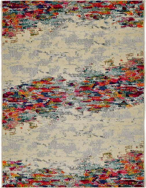 A 10 ft runner rug with a multi-colored abstract floral pattern on a light beige and gray background, ideal for a hallway.