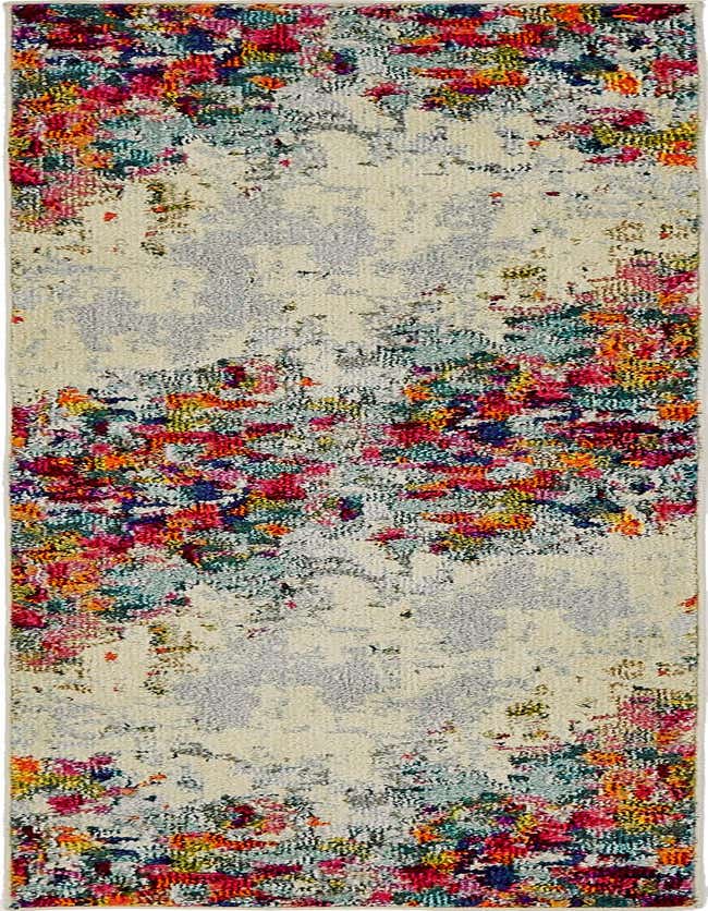 A 7 ft runner rug from Theia collection by Rugs.com, featuring a vibrant multi-colored abstract floral pattern on a light background, ideal for a hallway.