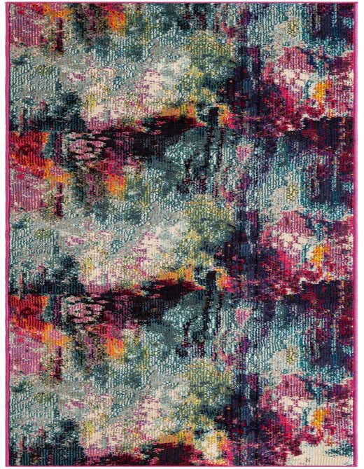 A 10 ft multi-colored runner rug with an abstract, eclectic pattern featuring vibrant pink, teal, orange, and purple hues, perfect for a hallway.