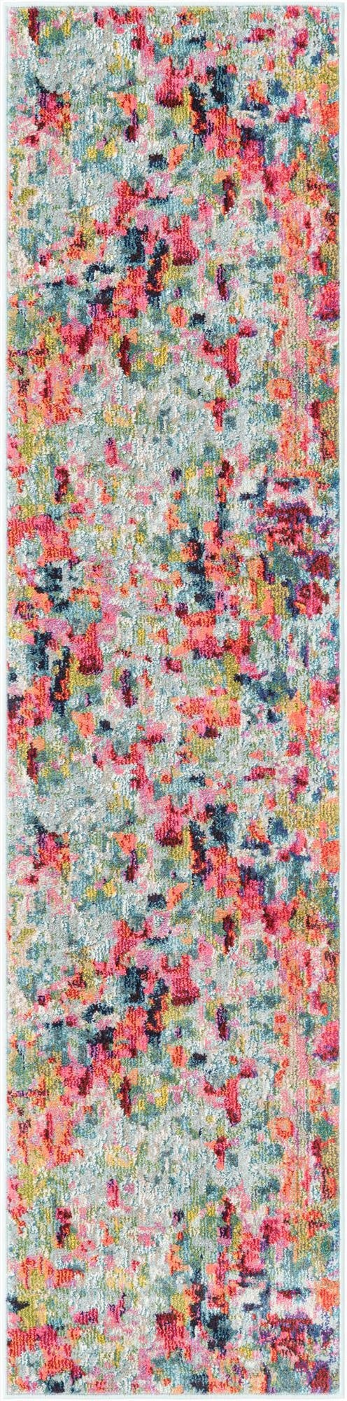 A vibrant 8 ft runner rug with an abstract floral pattern in multi-colored hues of pink, blue, orange, and yellow, suitable for a hallway or kitchen.