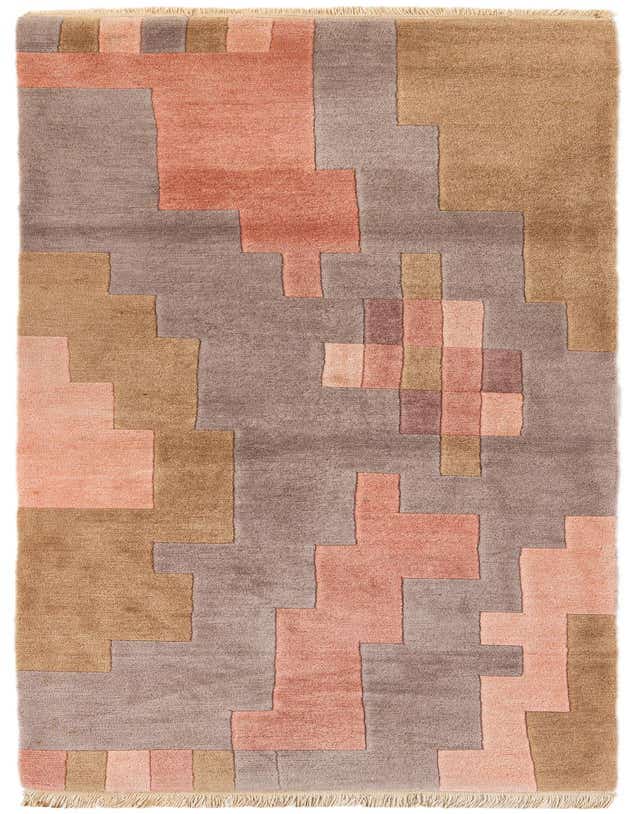 A 10 Ft runner rug with a modern abstract pattern in shades of brown, gray, and various pinks, featuring a medium pile and fringed ends.