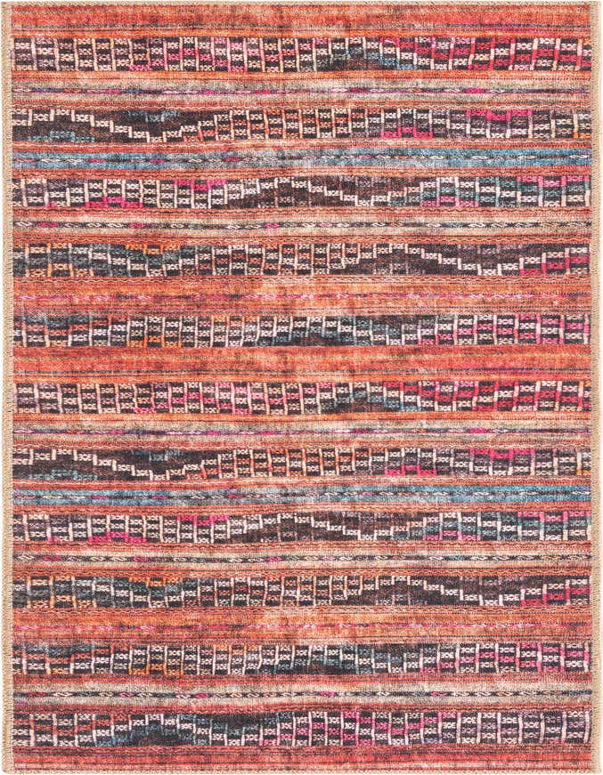 A 6 Ft multi-colored runner rug with a modern tribal stripe pattern, featuring shades of orange, blue, pink, and black, perfect for a hallway.