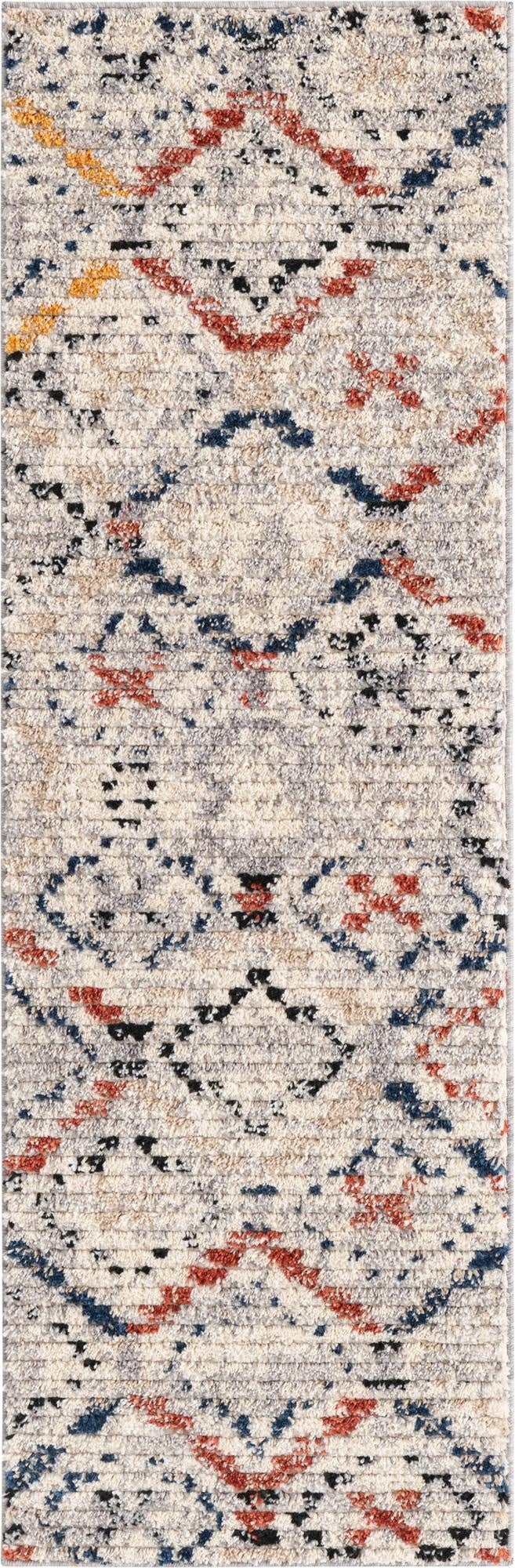 A 6 ft multi-colored shag runner rug with a modern stripe pattern, featuring shades of cream, blue, red, and yellow, ideal for a hallway.