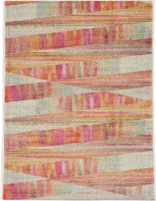 A 10 ft multi-colored runner rug with a modern stripe pattern, featuring shades of pink, orange, yellow, and green.