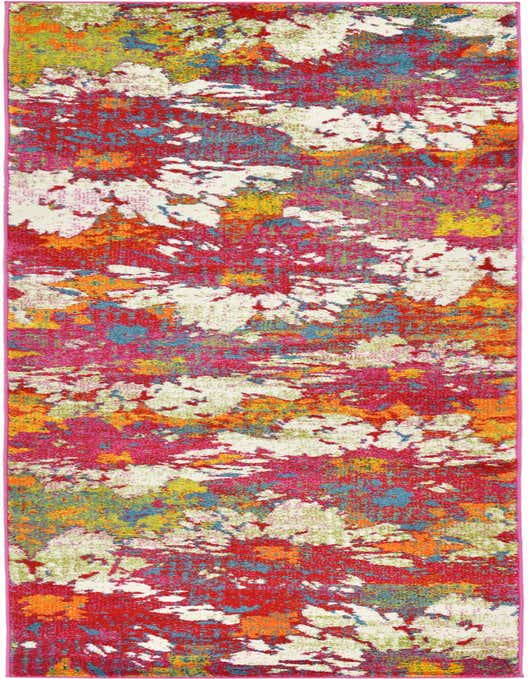 A vibrant 10 ft runner rug featuring a multi-colored abstract botanical pattern with shades of red, pink, orange, blue, green, and white, ideal for a hallway.