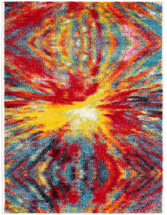 A vibrant 6 ft runner rug featuring an abstract, multi-colored burst pattern in red, yellow, and blue, ideal for a hallway or kitchen.