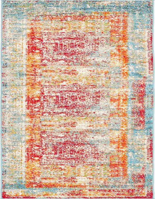 A 10 ft multi-colored runner rug with a distressed medallion pattern in red, orange, and blue, perfect for a hallway.