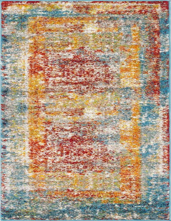A 6 ft multi-colored runner rug with a distressed medallion pattern in shades of red, orange, blue, and yellow, ideal for a hallway or kitchen.