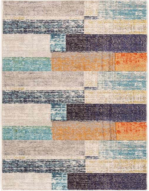 A vibrant 8 ft runner rug with a modern abstract pattern featuring blocks of teal, orange, navy, and gray.